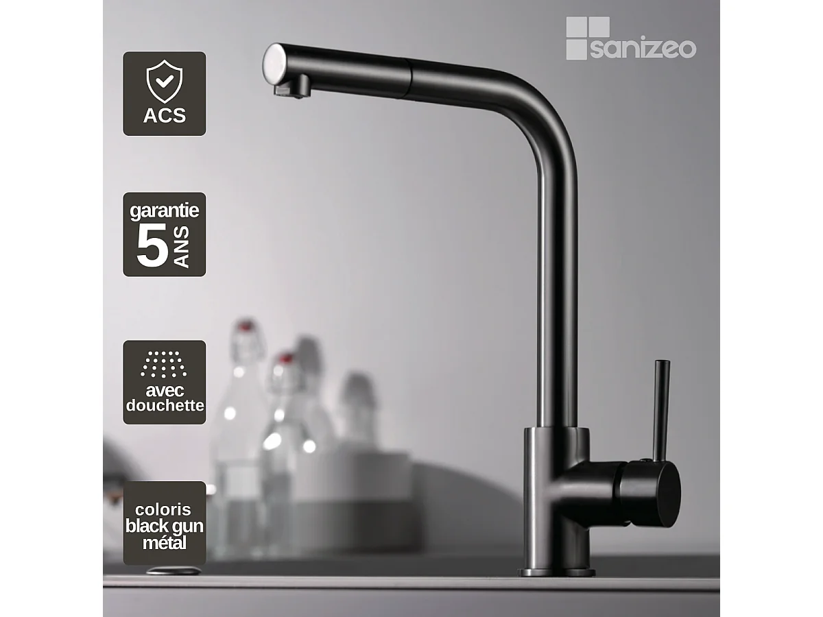 Mitigeur Évier Cuisine avec douchette extractible noir métal - Design moderne – MALTA IMEX
