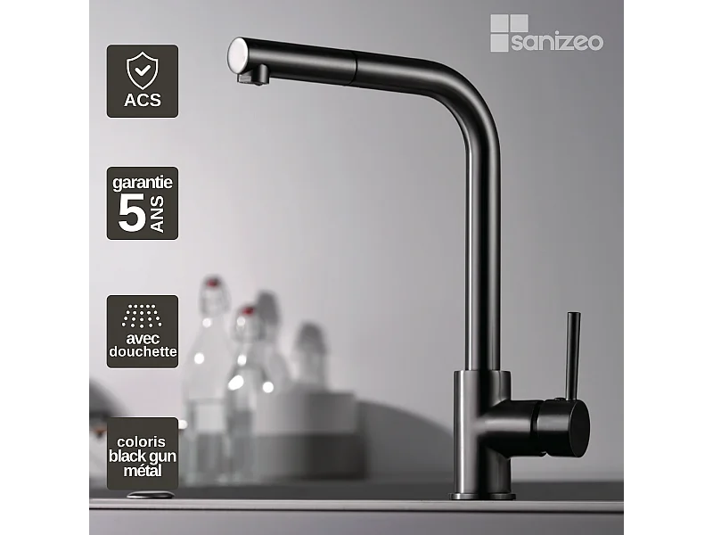 Mitigeur Évier Cuisine avec douchette extractible noir métal - Design moderne – MALTA IMEX