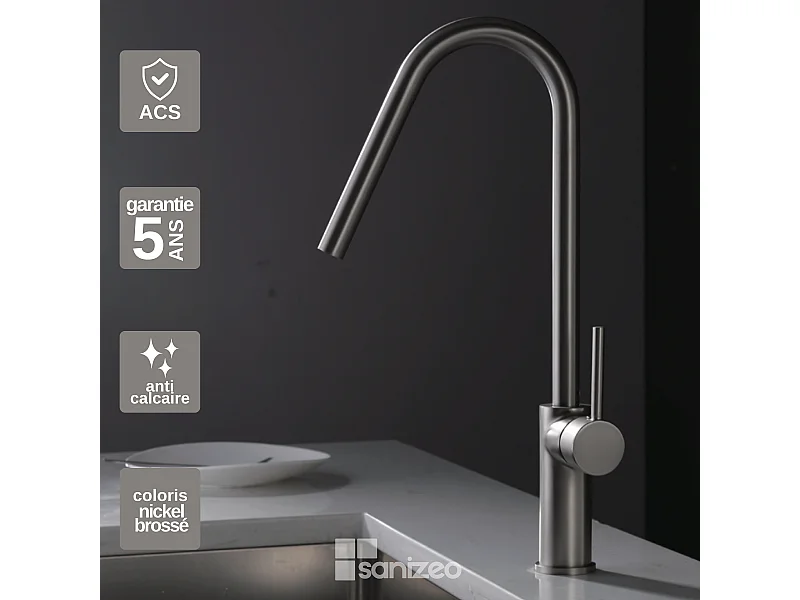 Mitigeur Évier Cuisine avec douchette extractible niquel brossé - Design moderne – KENIA IMEX