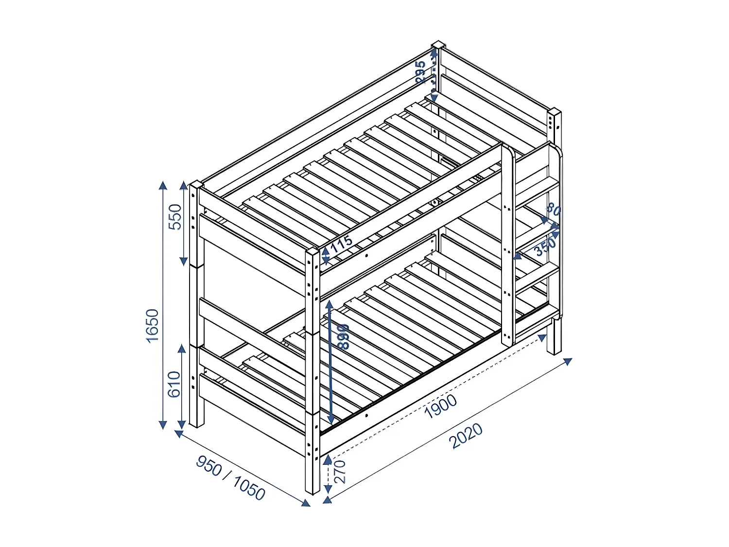 Pack lit superposé séparable avec tiroirs 80x190 cm bois massif blanc AARON