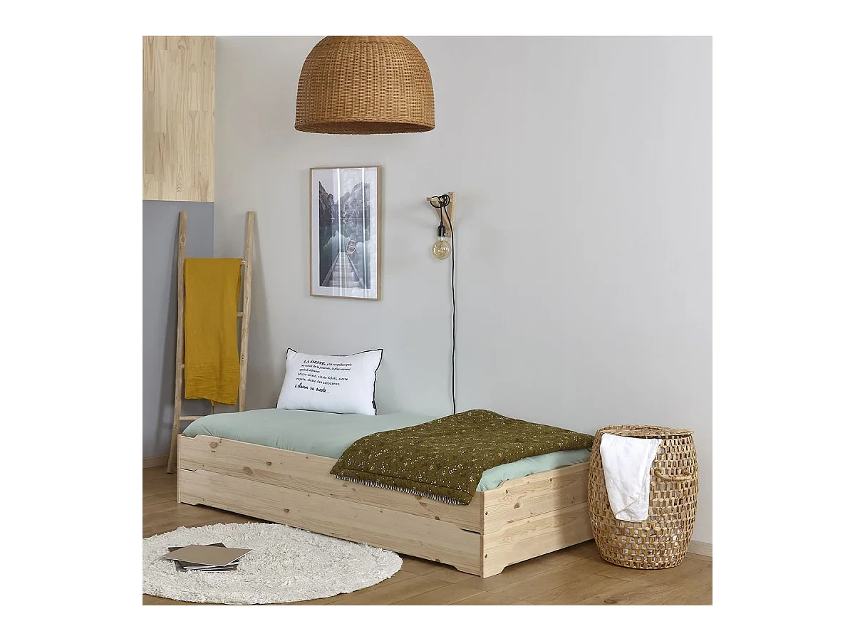 Pack 2 lits empilables 90x190 cm bois massif bois naturel JELLY