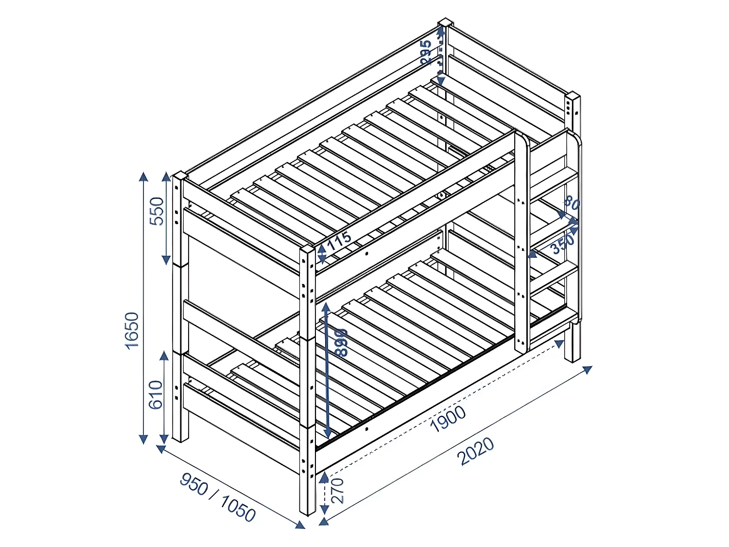 Lit superposé avec sommier gigogne 90x190 cm bois massif blanc AARON