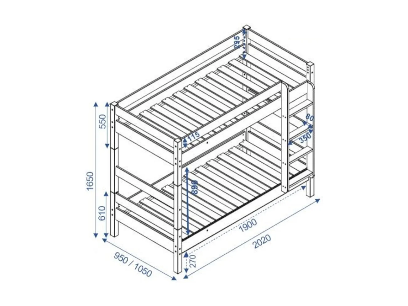 Lit superposé avec sommier gigogne 90x190 cm bois massif blanc AARON