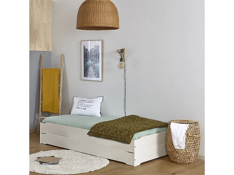 Pack 2 lits empilables 90x190 cm bois massif blanc JELLY