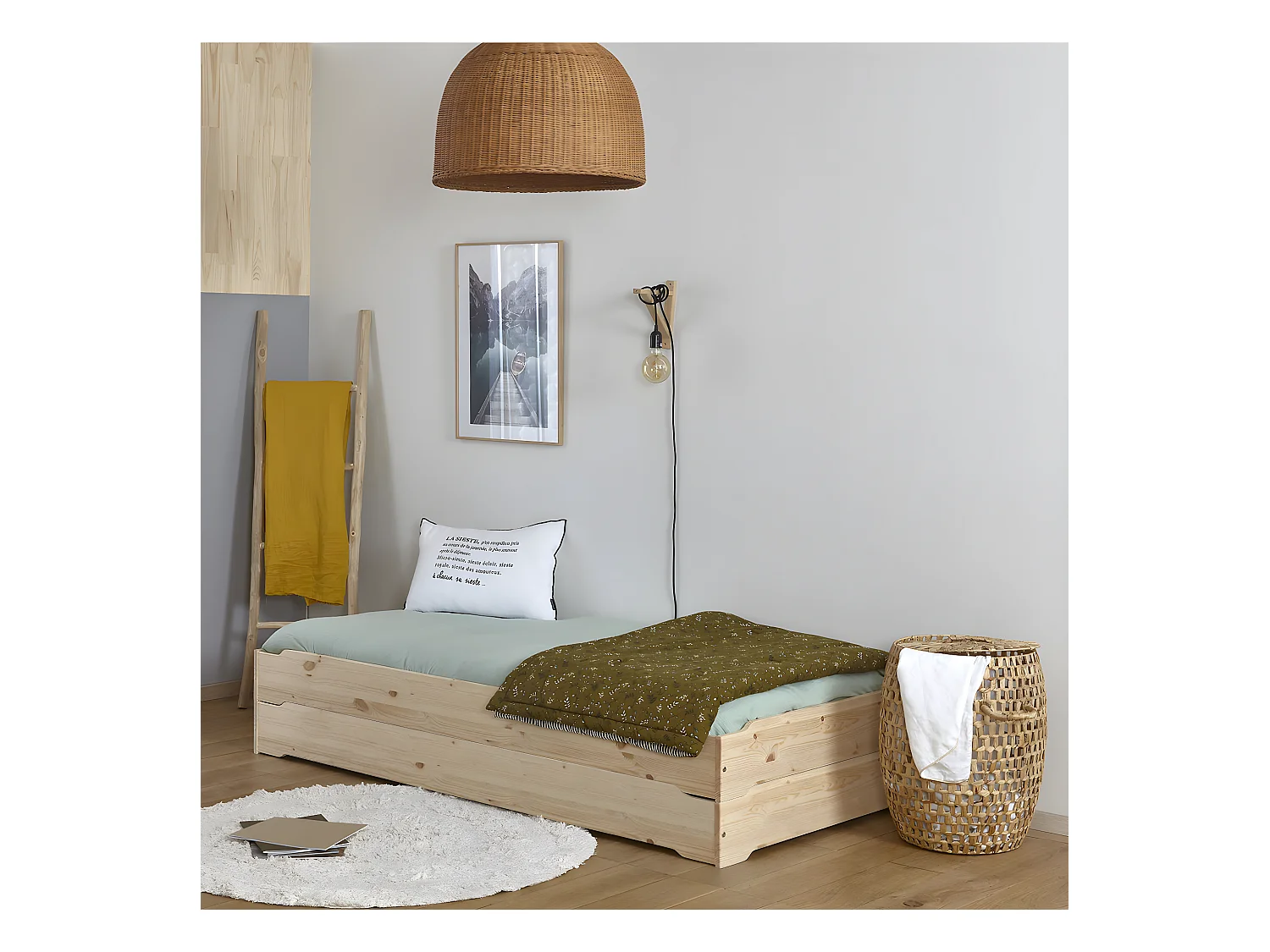 Pack 2 lits empilables et 2 matelas 90x190 cm bois massif bois naturel JELLY