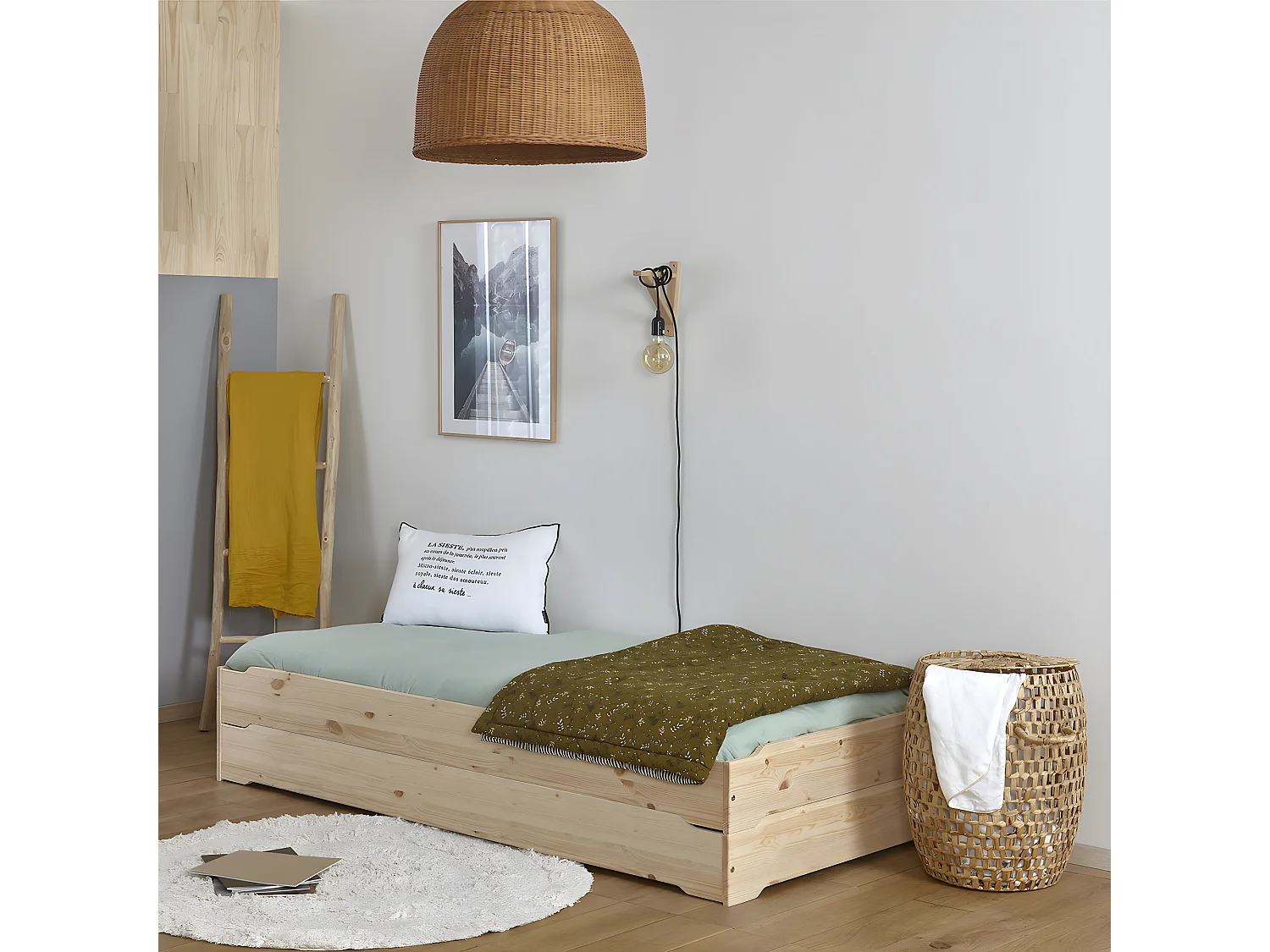 Pack 2 lits empilables et 2 matelas 90x190 cm bois massif bois naturel JELLY