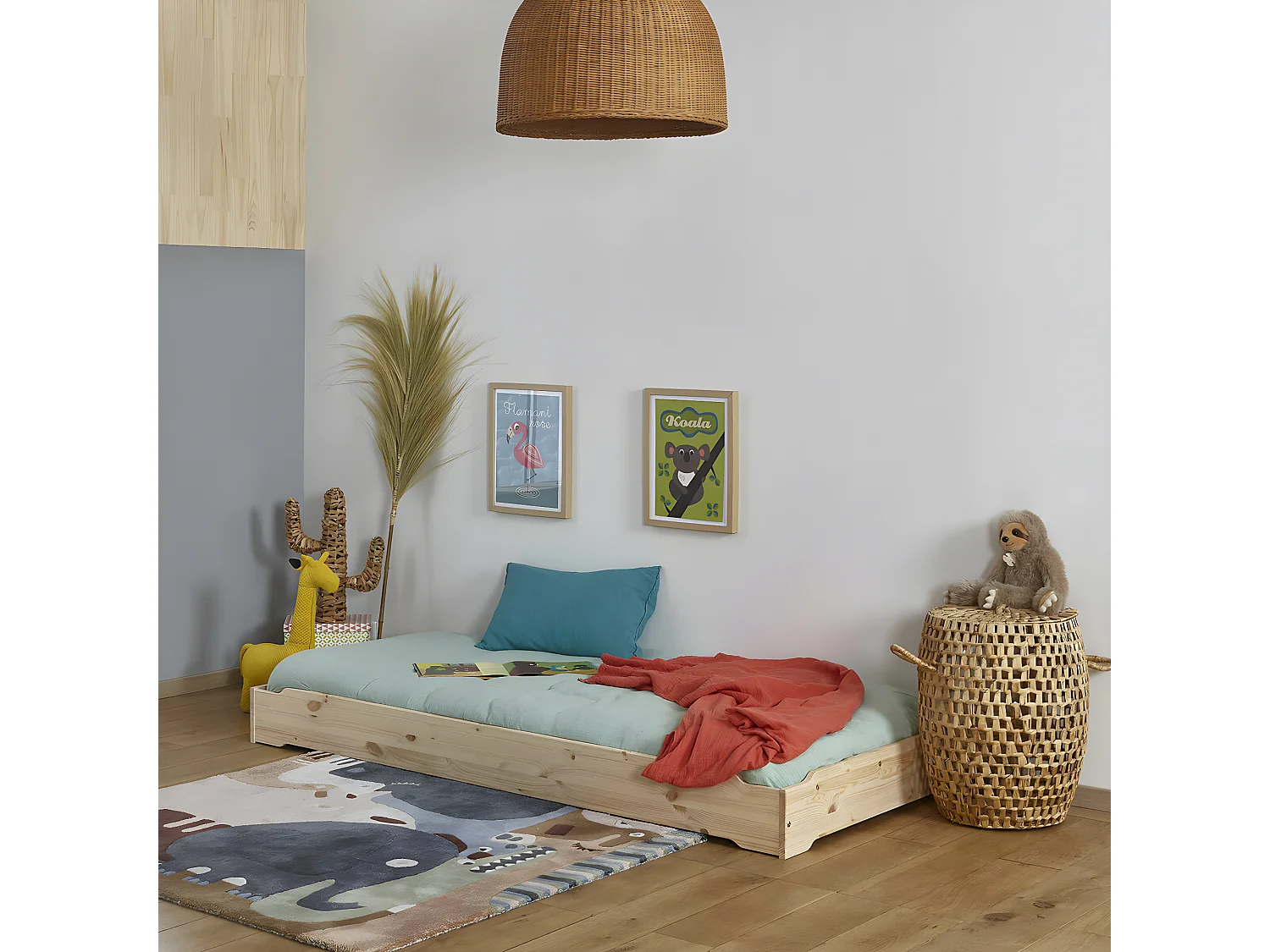 Pack 2 lits empilables et 2 matelas 90x190 cm bois massif bois naturel JELLY