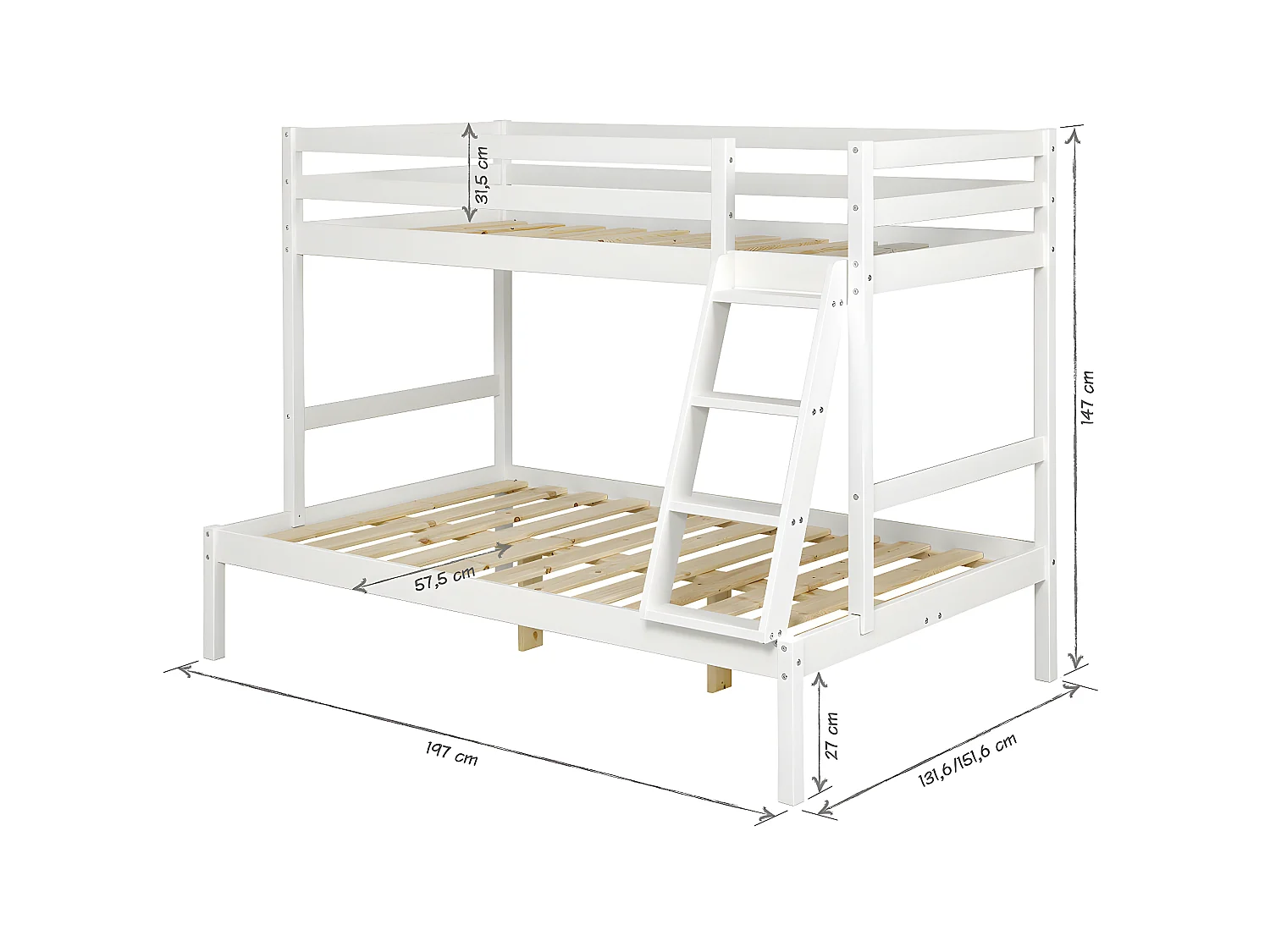 Pack lit superposé avec 2 matelas 140x190 cm bois massif blanc JULIAN