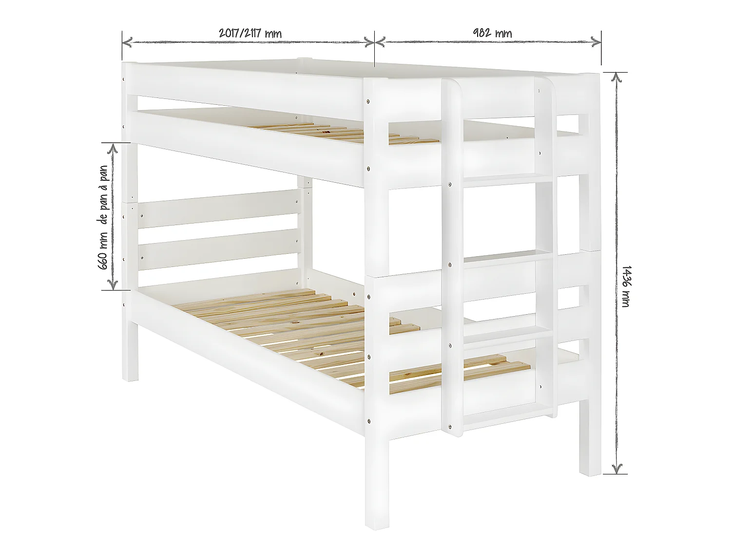 Lit superposé bas avec sommier gigogne 90x200 cm bois massif bois naturel ANIBA