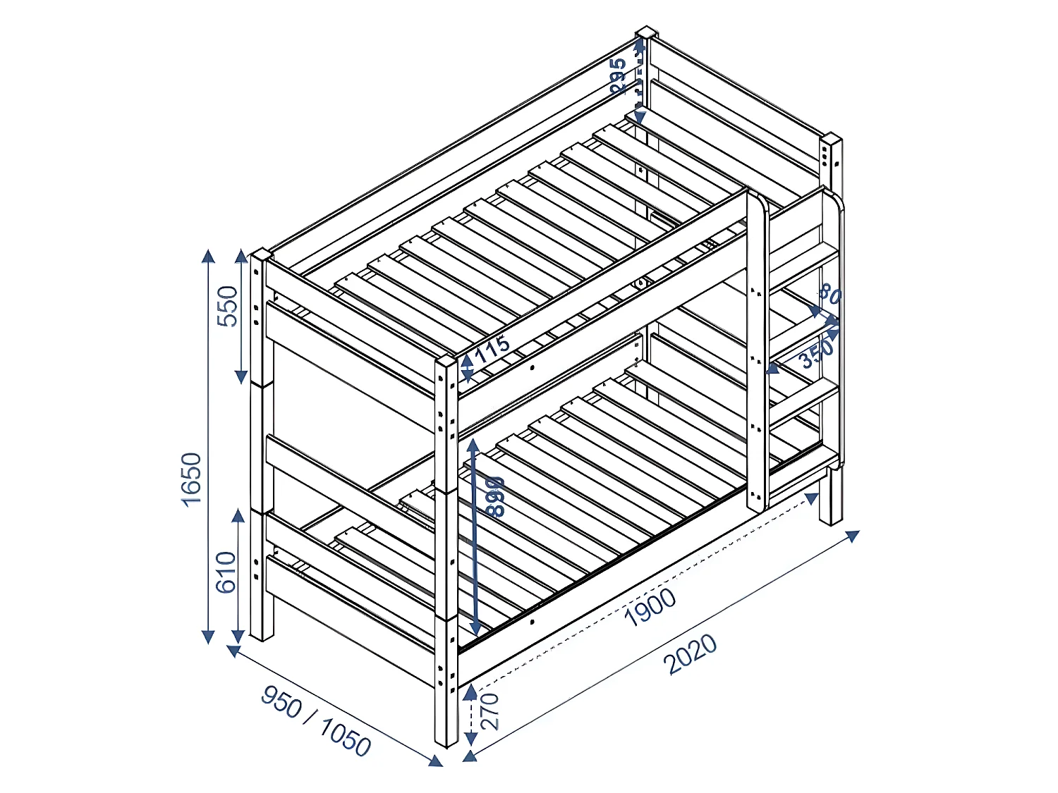 Lit superposé avec sommier gigogne 90x190 cm bois massif bois naturel AARON