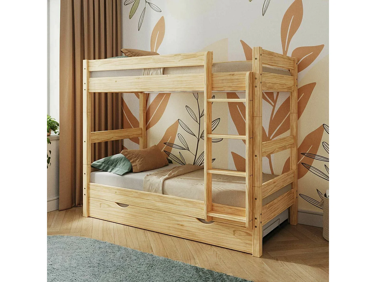 Lit superposé avec sommier gigogne 90x190 cm bois massif bois naturel AARON