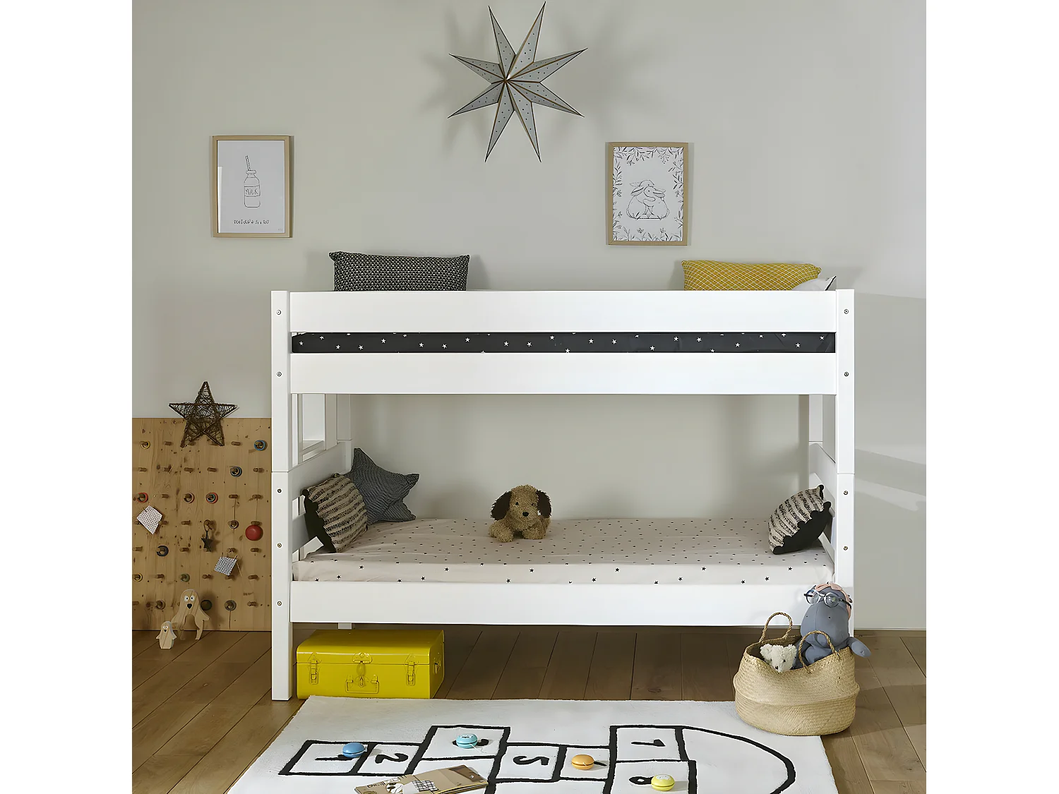 Pack lit superposé bas avec 2 matelas 90x190 cm bois massif blanc ANIBA