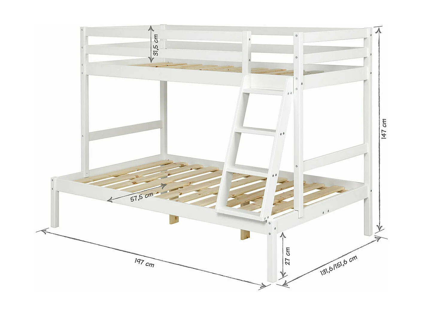 Lit superposé 140x190 cm bois massif blanc JULIAN
