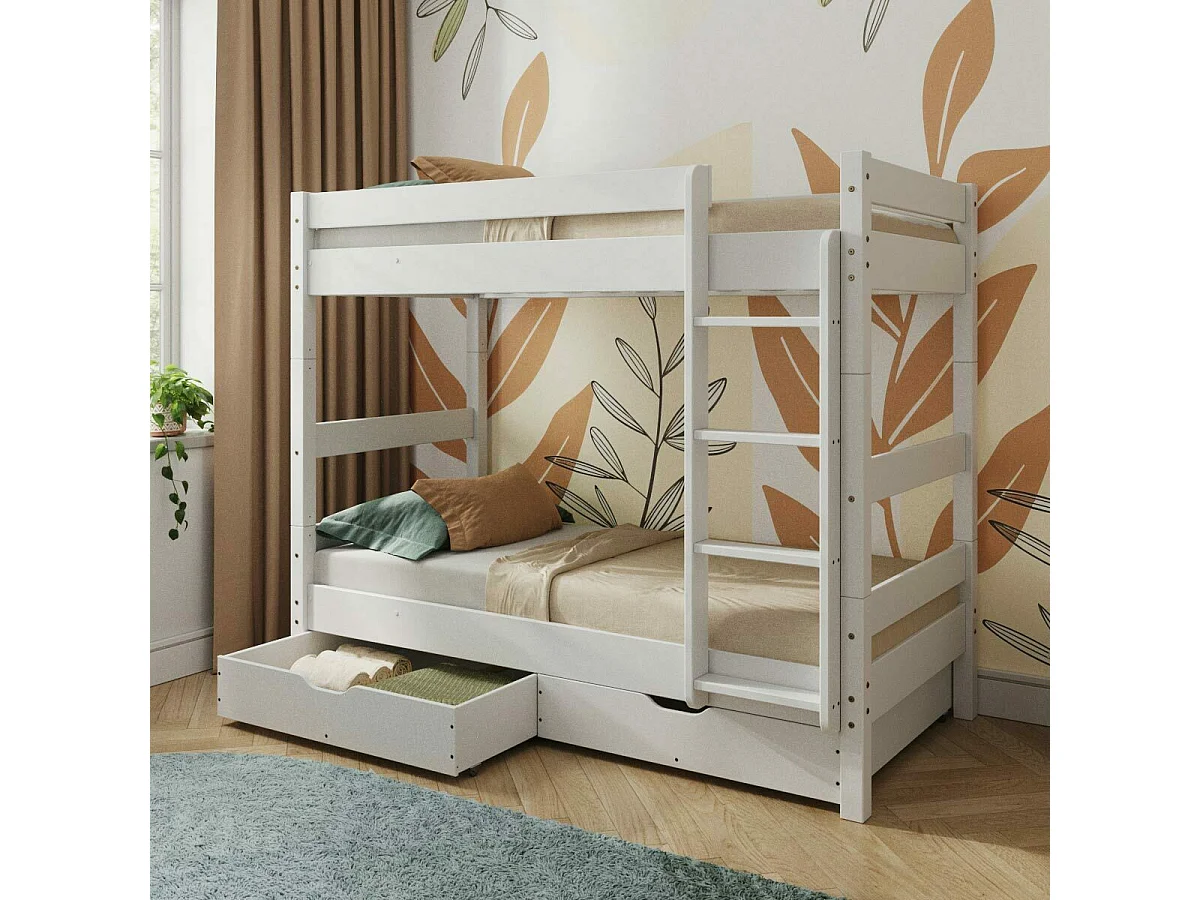 Pack lit superposé séparable avec tiroirs et 2 matelas 80x190 cm bois massif blanc AARON