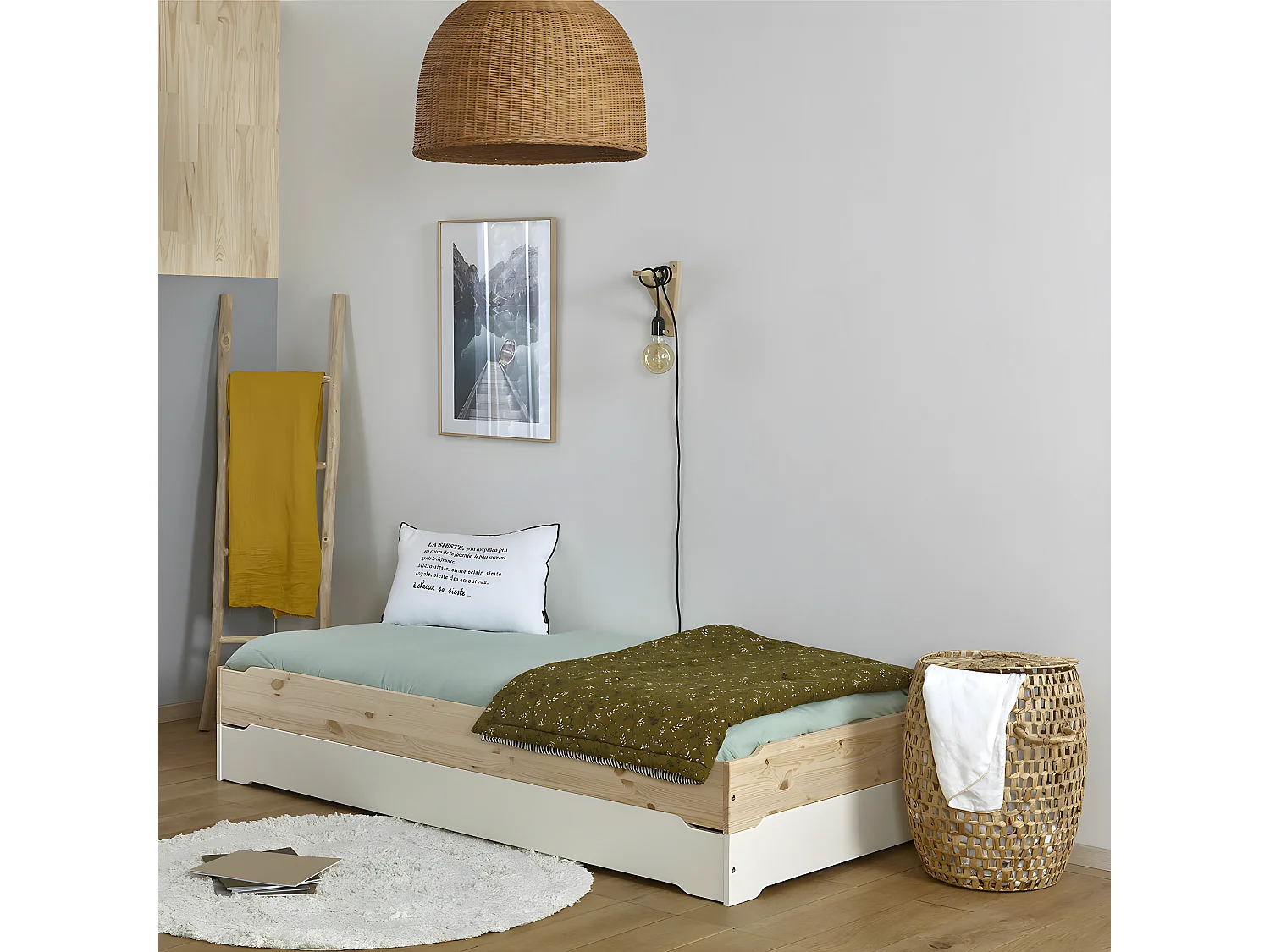 Lit empilable avec matelas 90x190 cm bois massif gris JELLY