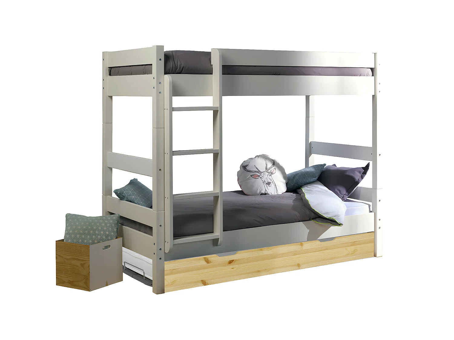 Pack lit superposé séparable gigogne avec matelas 90x190 cm bois massif blanc et bois AARON