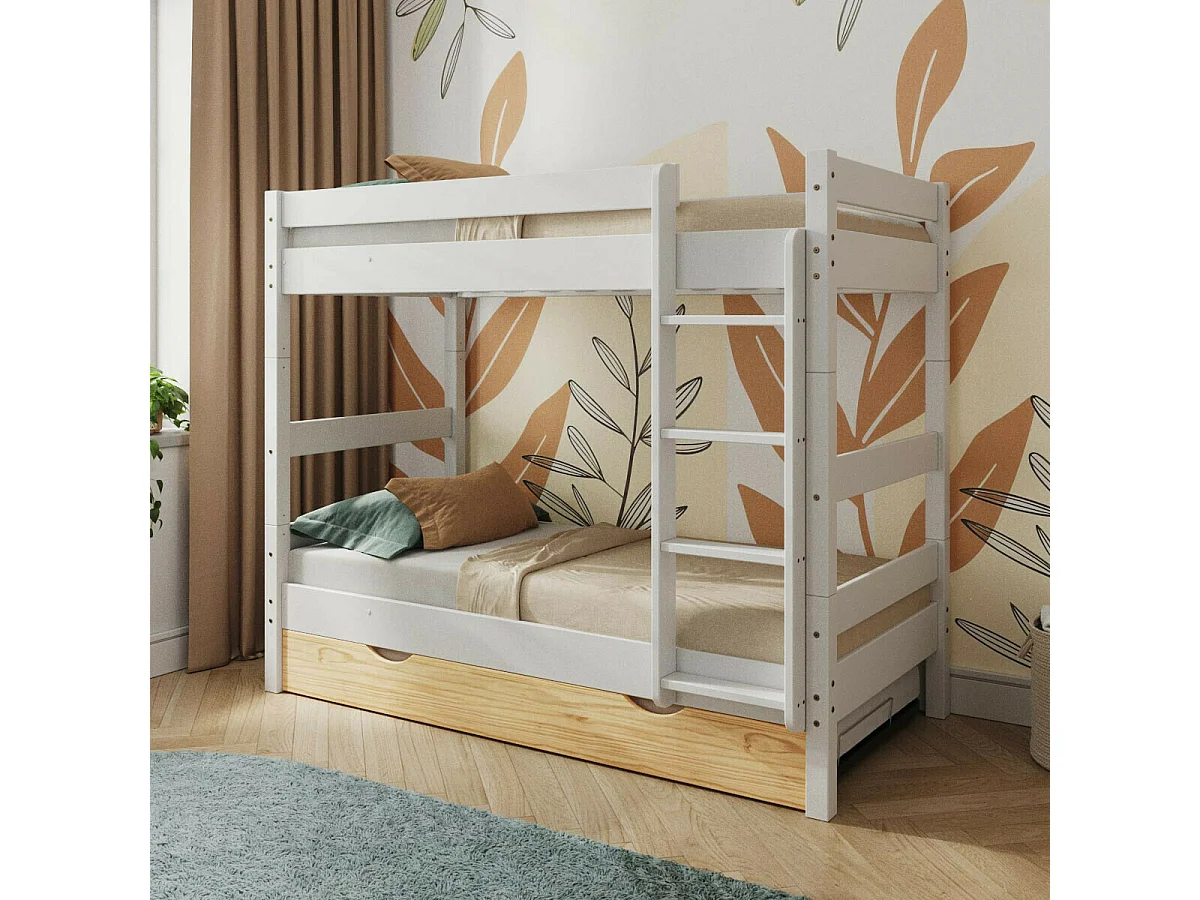 Pack lit superposé séparable gigogne avec matelas 90x190 cm bois massif blanc et bois AARON