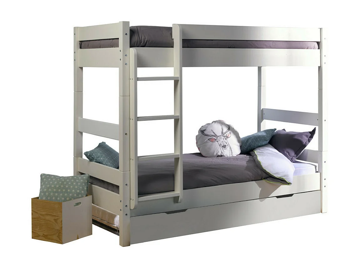 Pack lit superposé séparable gigogne avec matelas 90x190 cm bois massif blanc AARON