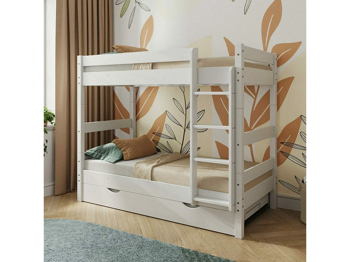 Pack lit superposé séparable gigogne avec matelas 90x190 cm bois massif blanc AARON