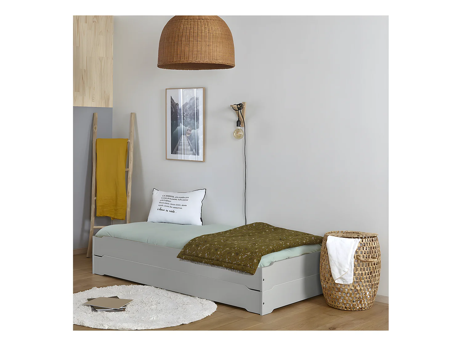 Pack 2 lits empilables et 2 matelas 90x190 cm bois massif gris JELLY