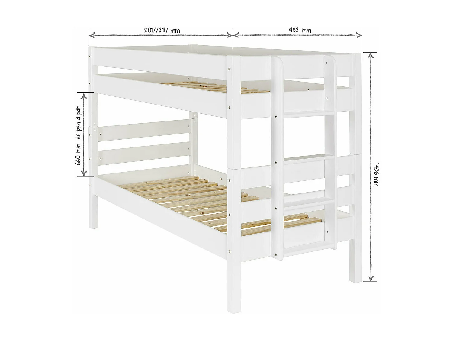 Lit superposé 90x190 cm bois massif blanc ANIBA