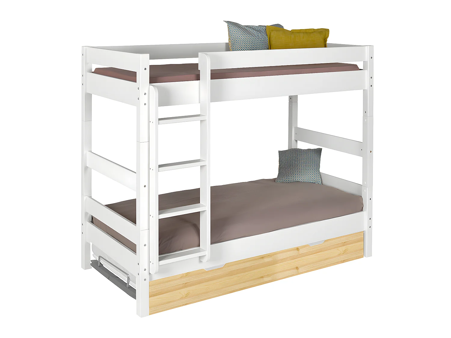 Lit superposé avec sommier gigogne 90x190 cm bois massif blanc et bois AARON