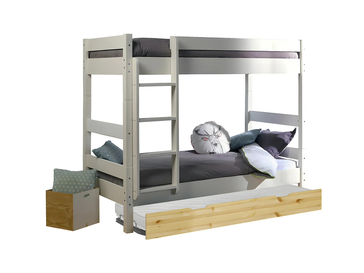 Lit superposé avec sommier gigogne 90x190 cm bois massif blanc et bois AARON