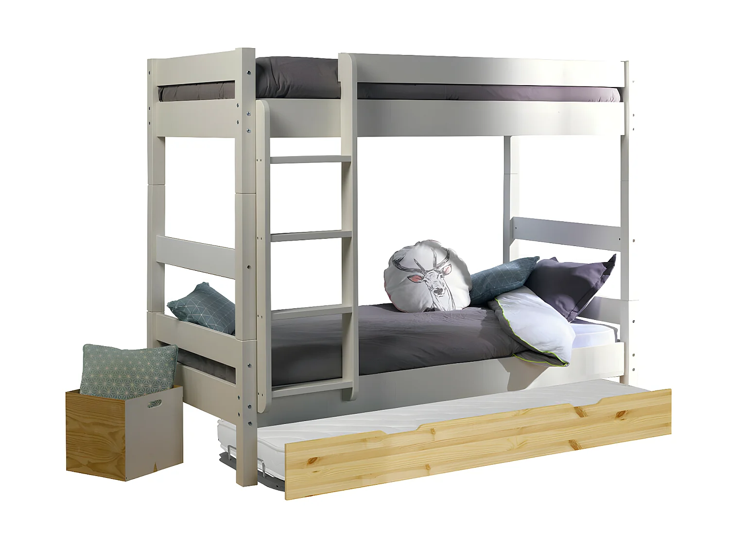 Lit superposé avec sommier gigogne 90x190 cm bois massif blanc et bois AARON