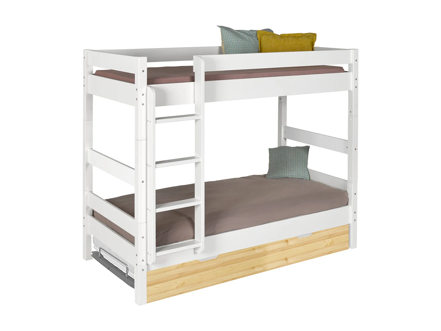 Lit superposé avec sommier gigogne 90x190 cm bois massif blanc et bois AARON