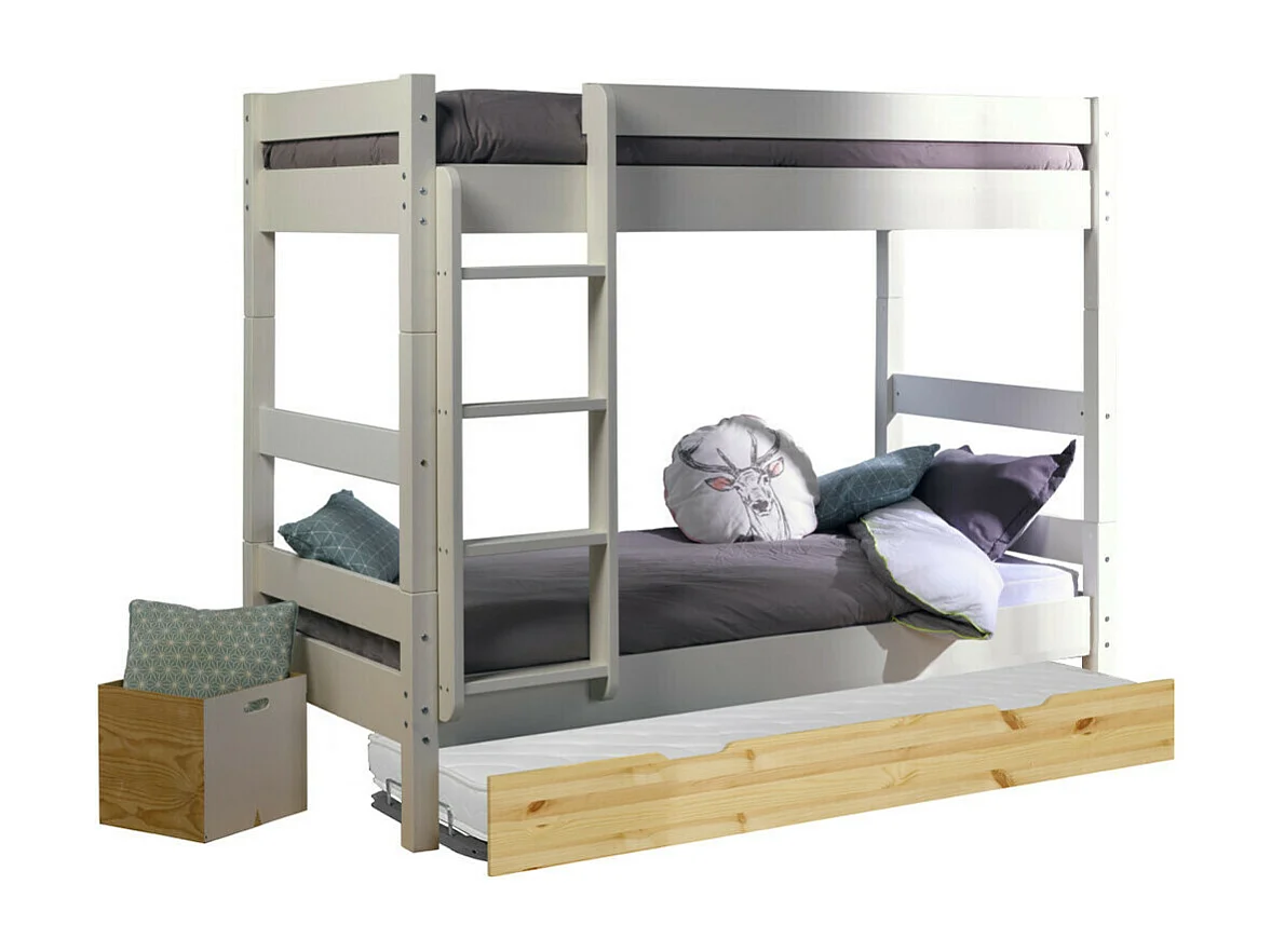 Lit superposé avec sommier gigogne 90x190 cm bois massif blanc et bois AARON
