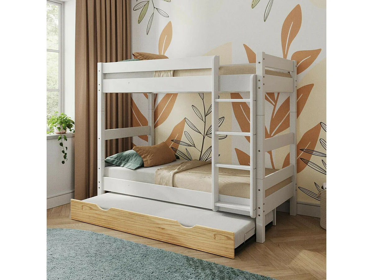 Lit superposé avec sommier gigogne 90x190 cm bois massif blanc et bois AARON