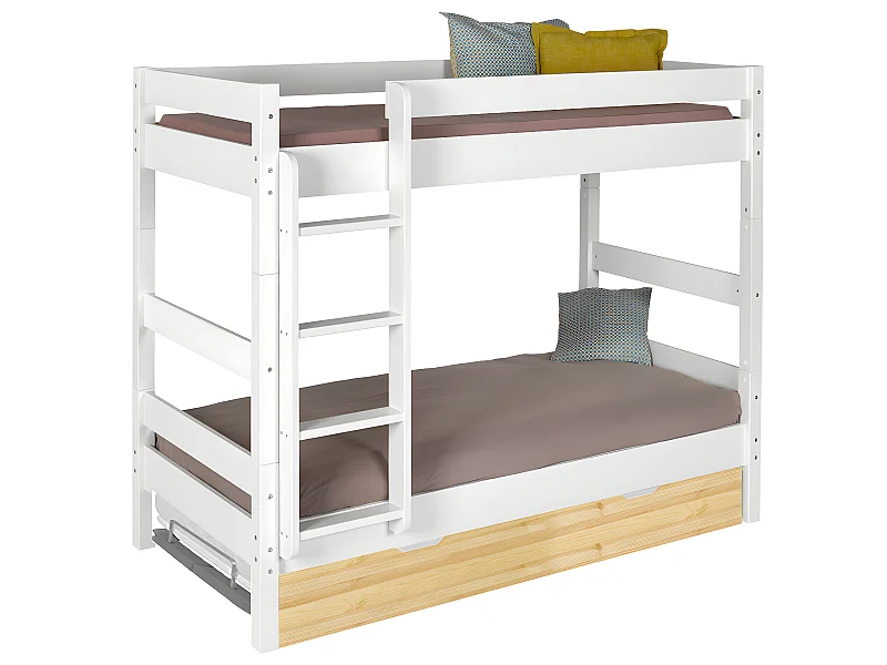 Lit superposé avec sommier gigogne 90x190 cm bois massif blanc et bois AARON