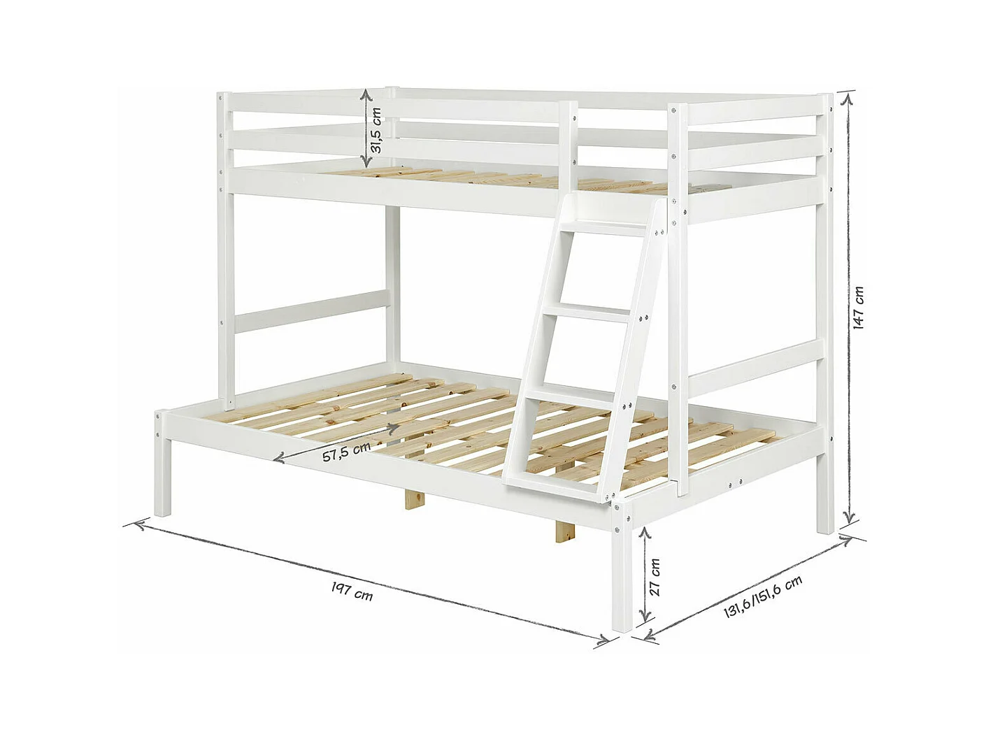 Lit superposé 120x190 cm bois massif blanc JULIAN