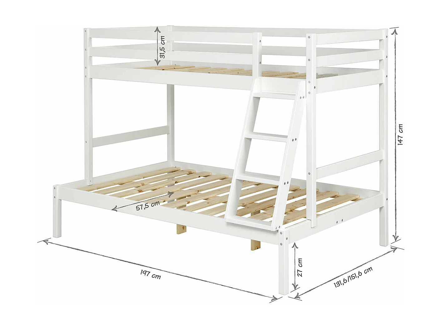 Lit superposé 120x190 cm bois massif blanc JULIAN