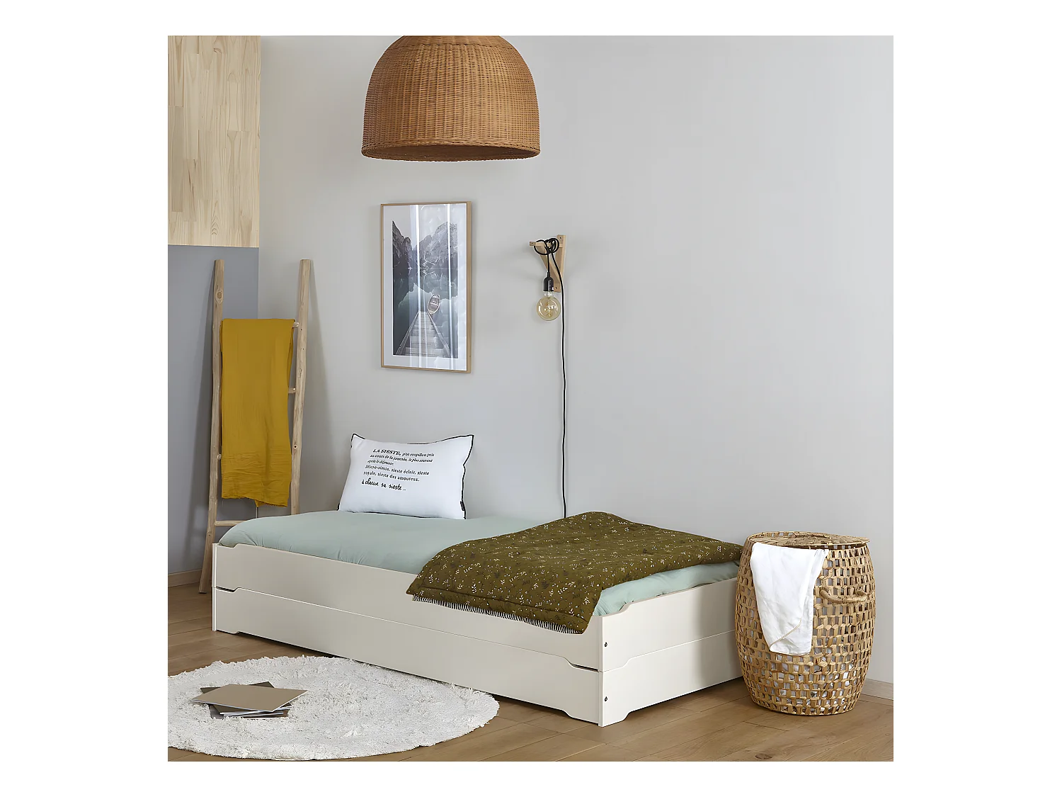 Pack 2 lits empilables et 2 matelas 90x190 cm bois massif blanc JELLY