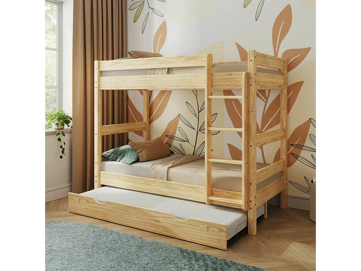 Pack lit superposé séparable gigogne avec matelas 90x190 cm bois massif bois naturel AARON
