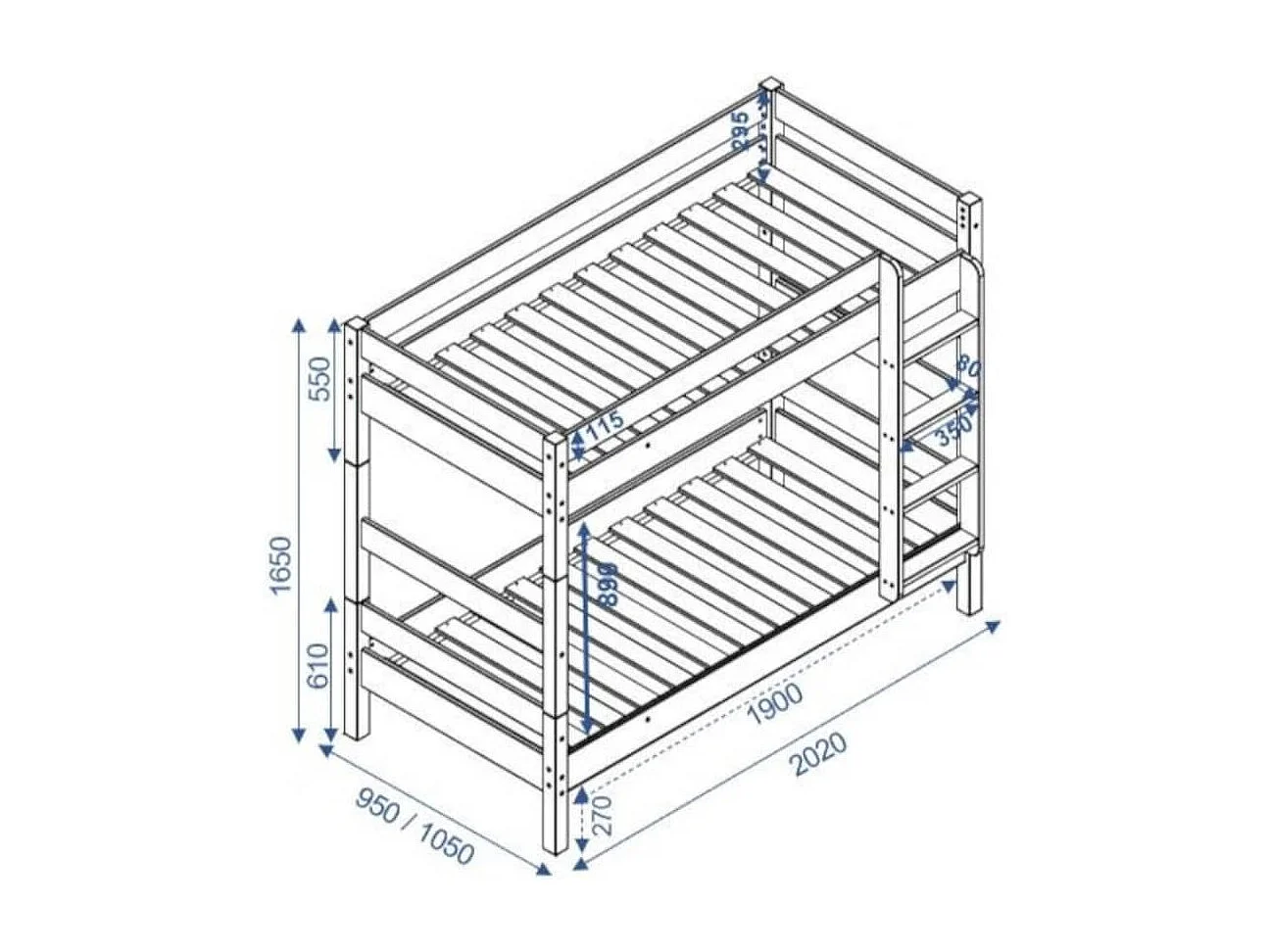 Pack lit superposé séparable avec tiroirs 90x190 cm bois massif bois naturel AARON