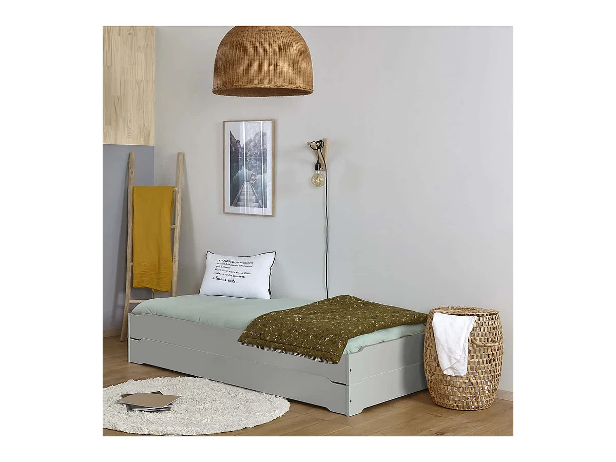 Pack 2 lits empilables 90x190 cm bois massif gris JELLY