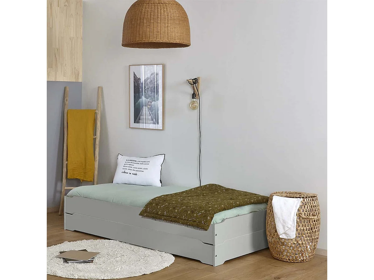 Pack 2 lits empilables 90x190 cm bois massif gris JELLY