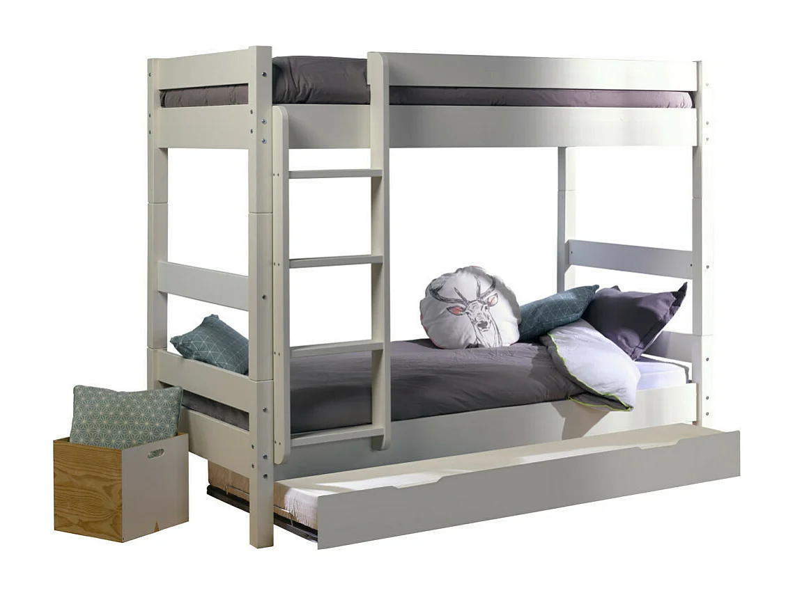 Lit superposé avec sommier gigogne 80x190 cm bois massif blanc AARON