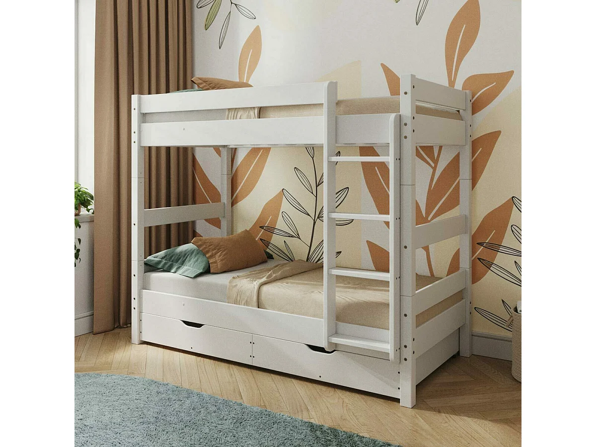 Pack lit superposé séparable avec tiroirs 90x190 cm bois massif blanc AARON