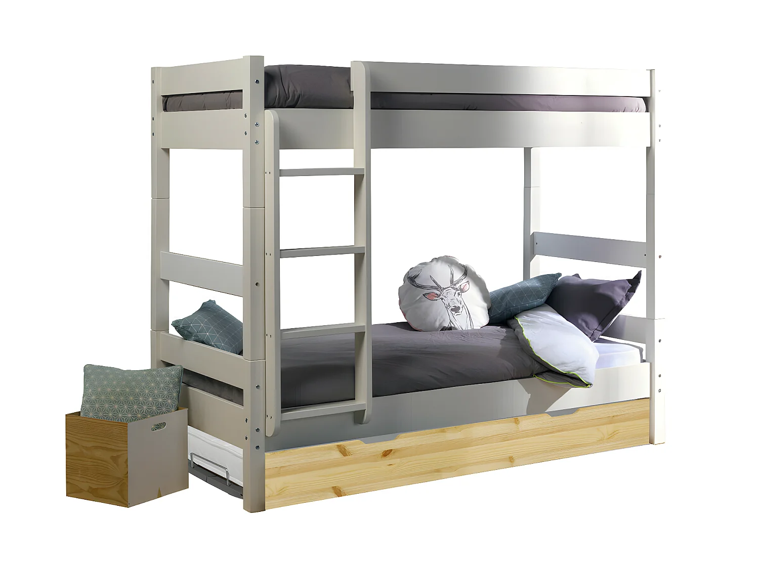Pack lit superposé séparable gigogne avec matelas 80x190 cm bois massif blanc et bois AARON