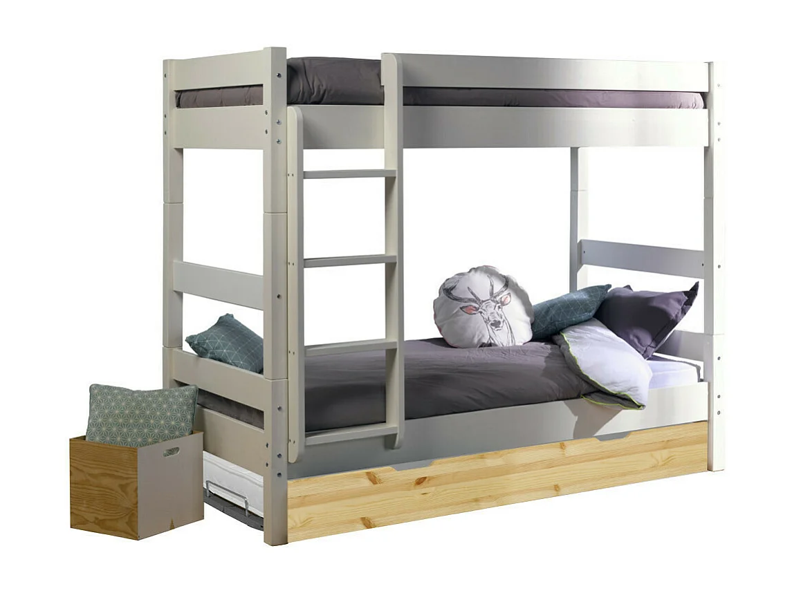 Pack lit superposé séparable gigogne avec matelas 80x190 cm bois massif blanc et bois AARON