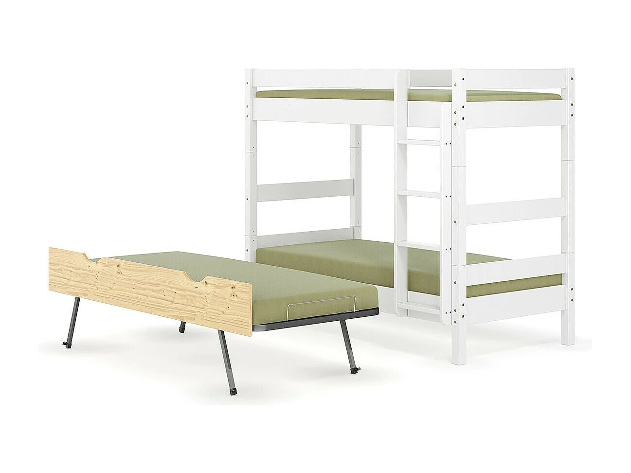 Pack lit superposé séparable gigogne avec matelas 80x190 cm bois massif blanc et bois AARON