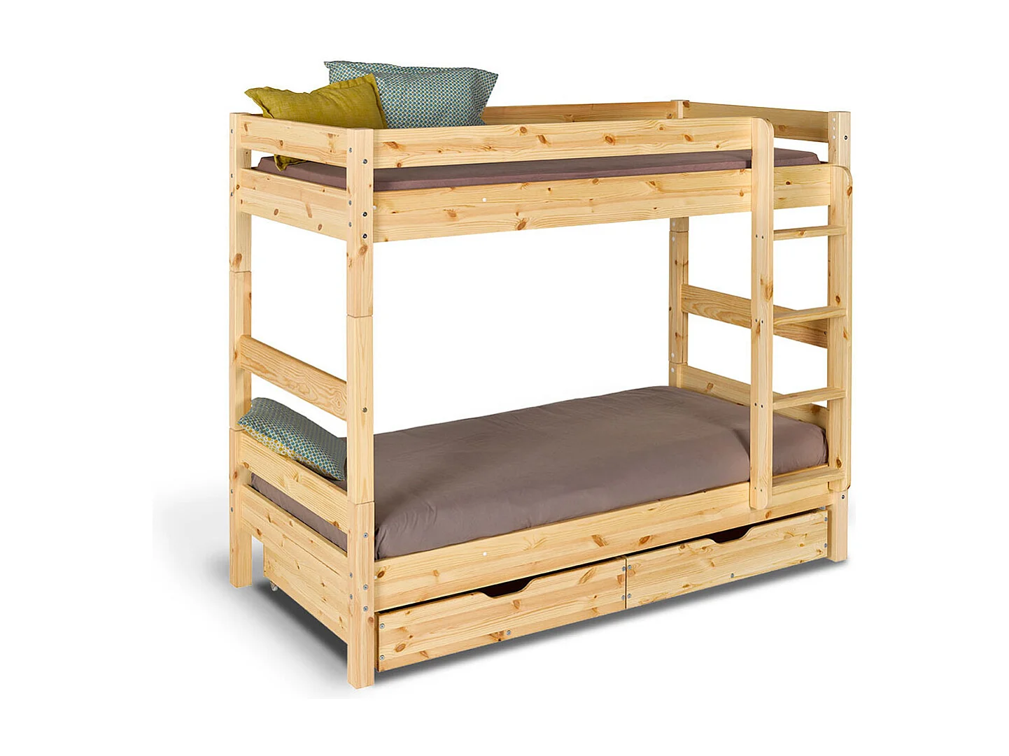 Pack lit superposé séparable avec tiroirs et 2 matelas 90x190 cm bois massif bois naturel AARON