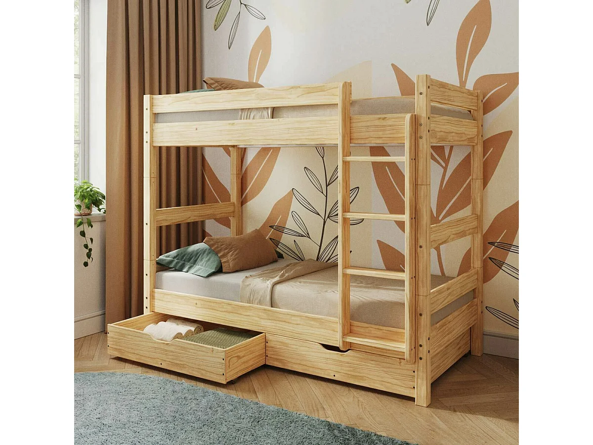 Pack lit superposé séparable avec tiroirs et 2 matelas 90x190 cm bois massif bois naturel AARON