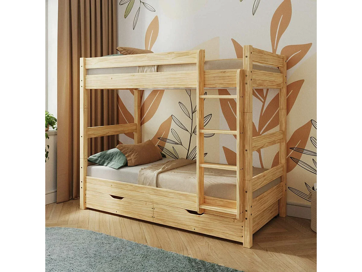 Pack lit superposé séparable avec tiroirs et 2 matelas 90x190 cm bois massif bois naturel AARON