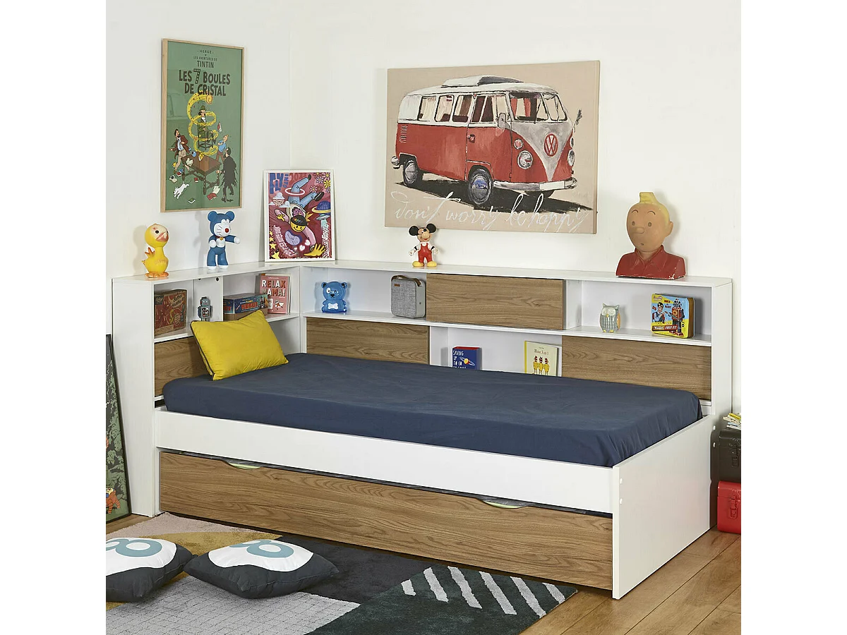 Lit 90x190 cm panneaux de fibres blanc et bois PLAY