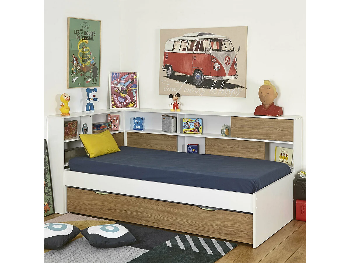 Lit 90x190 cm panneaux de fibres blanc et bois PLAY
