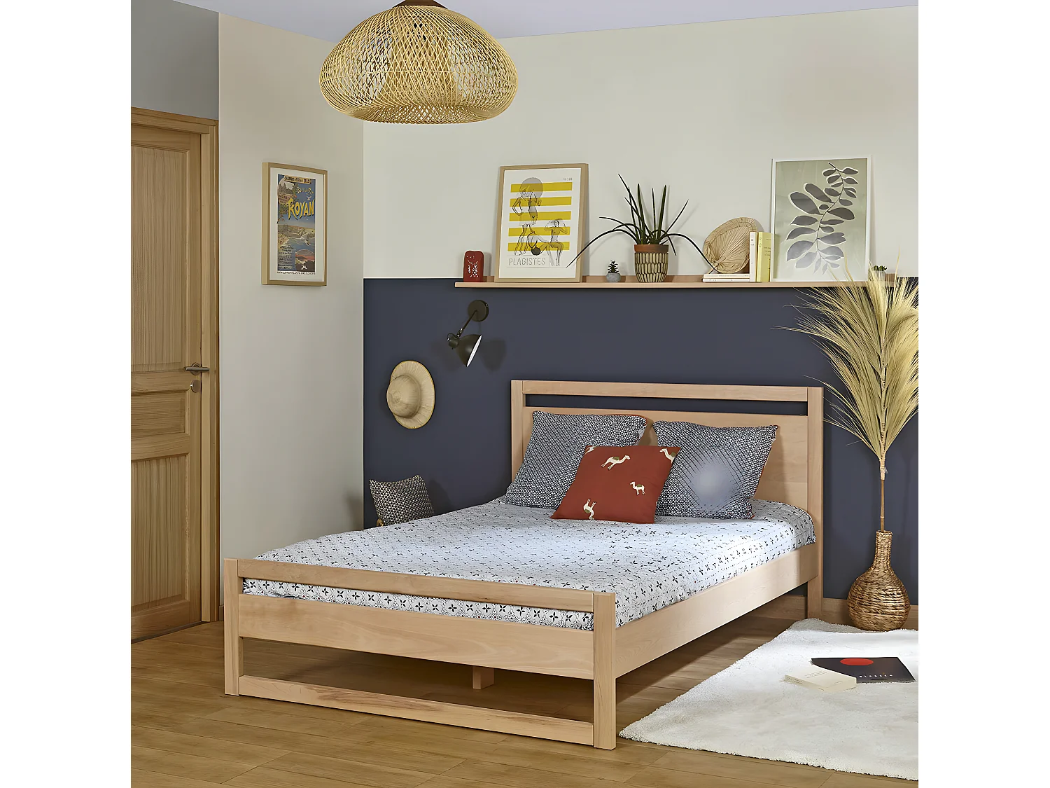 Pack lit avec matelas 140x190 cm bois massif bois naturel LIO